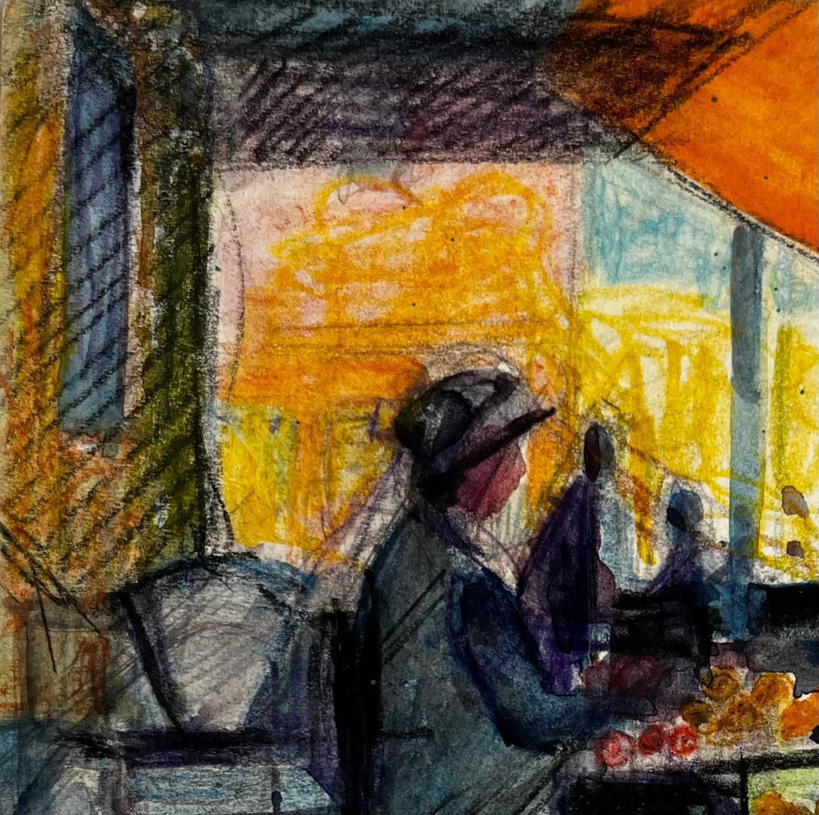 Pierre Neveufrench Market Stall Scene With Figures Vibrant Modernist Watercolor photo for sale