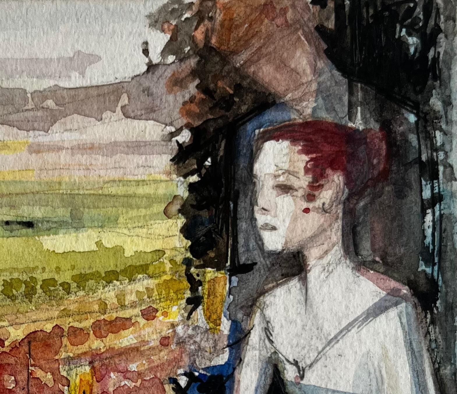 Pierre Neveuwoman With Wine At Sunset French Modernist Watercolor Figure And Landscape photo for sale