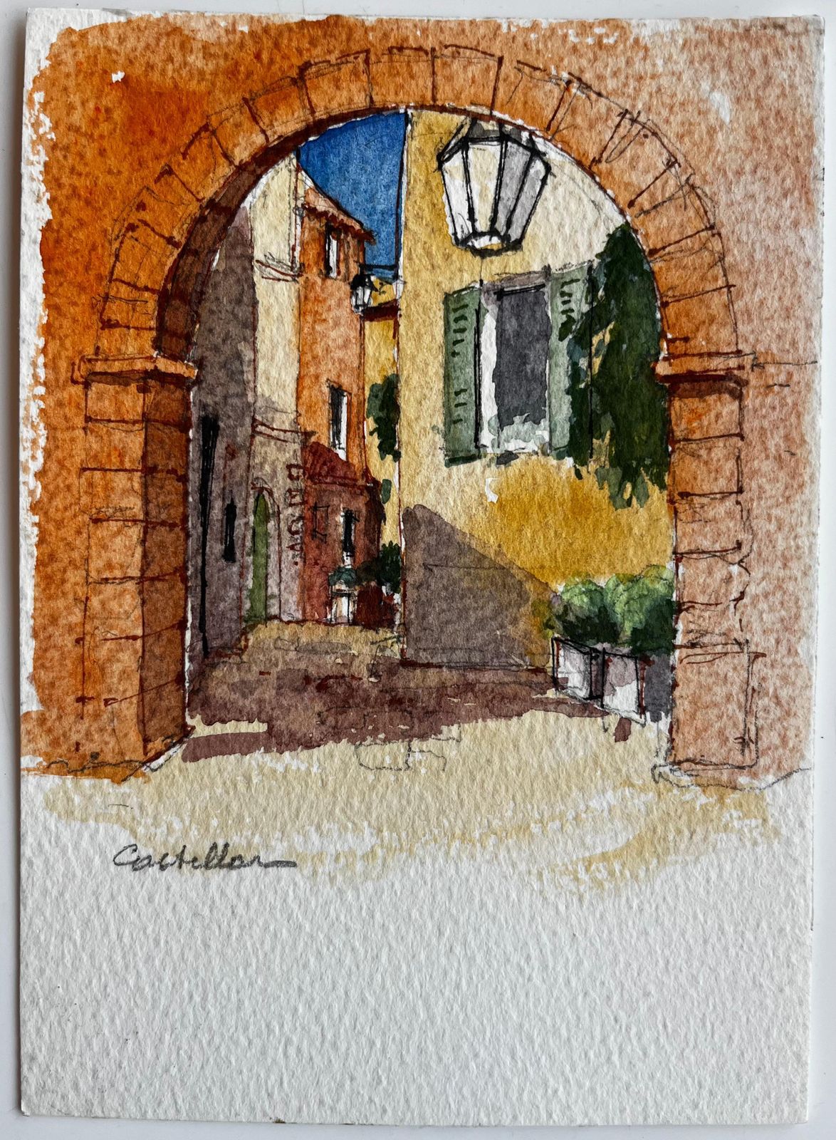 Pierre Neveumediterranean Village Archway Sunlit Street Castellar Watercolor photo furniture