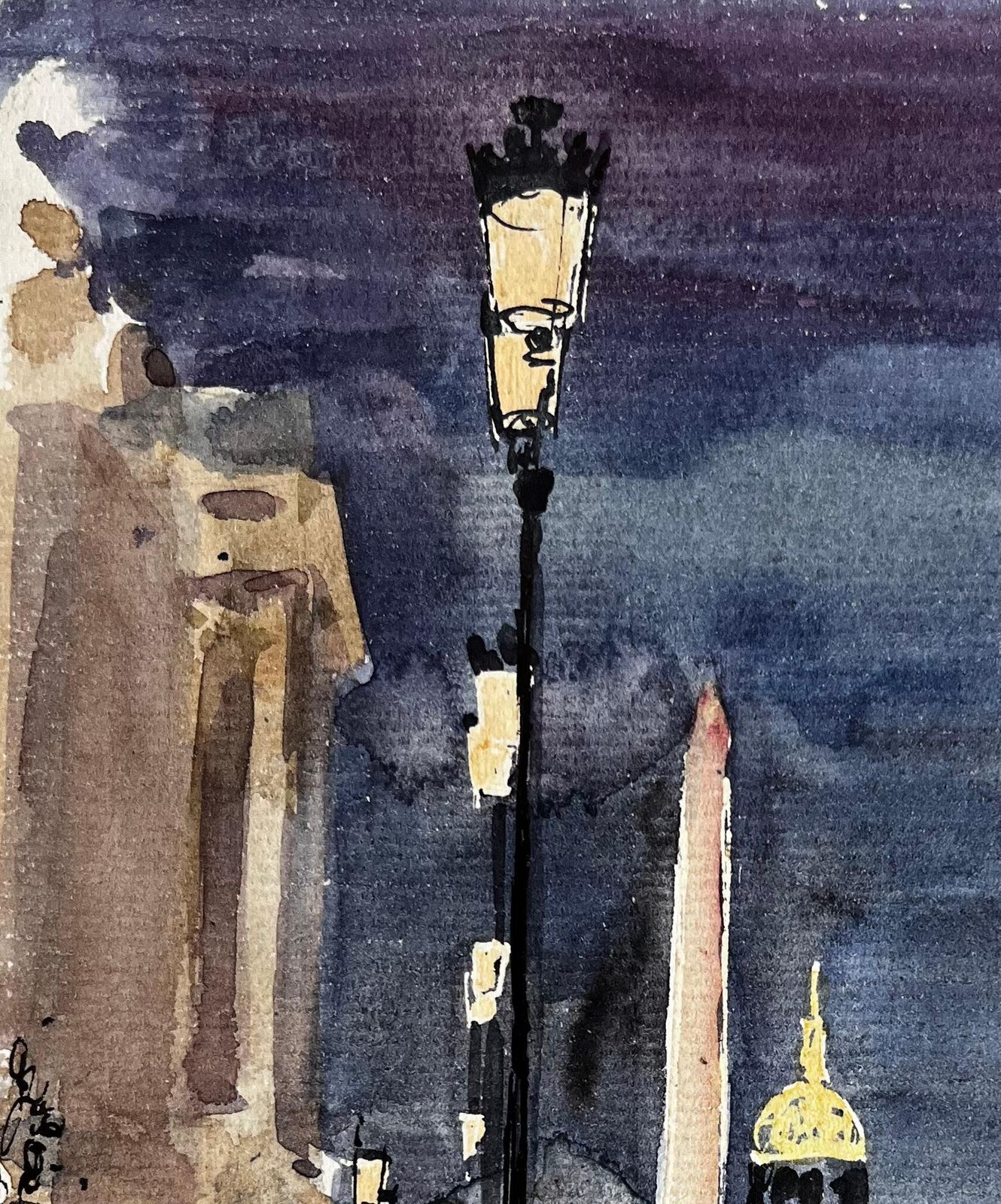 Pierre Neveuparis Place De La Concorde Night Street Scene With Obelisk And Dome Watercolor photo for sale