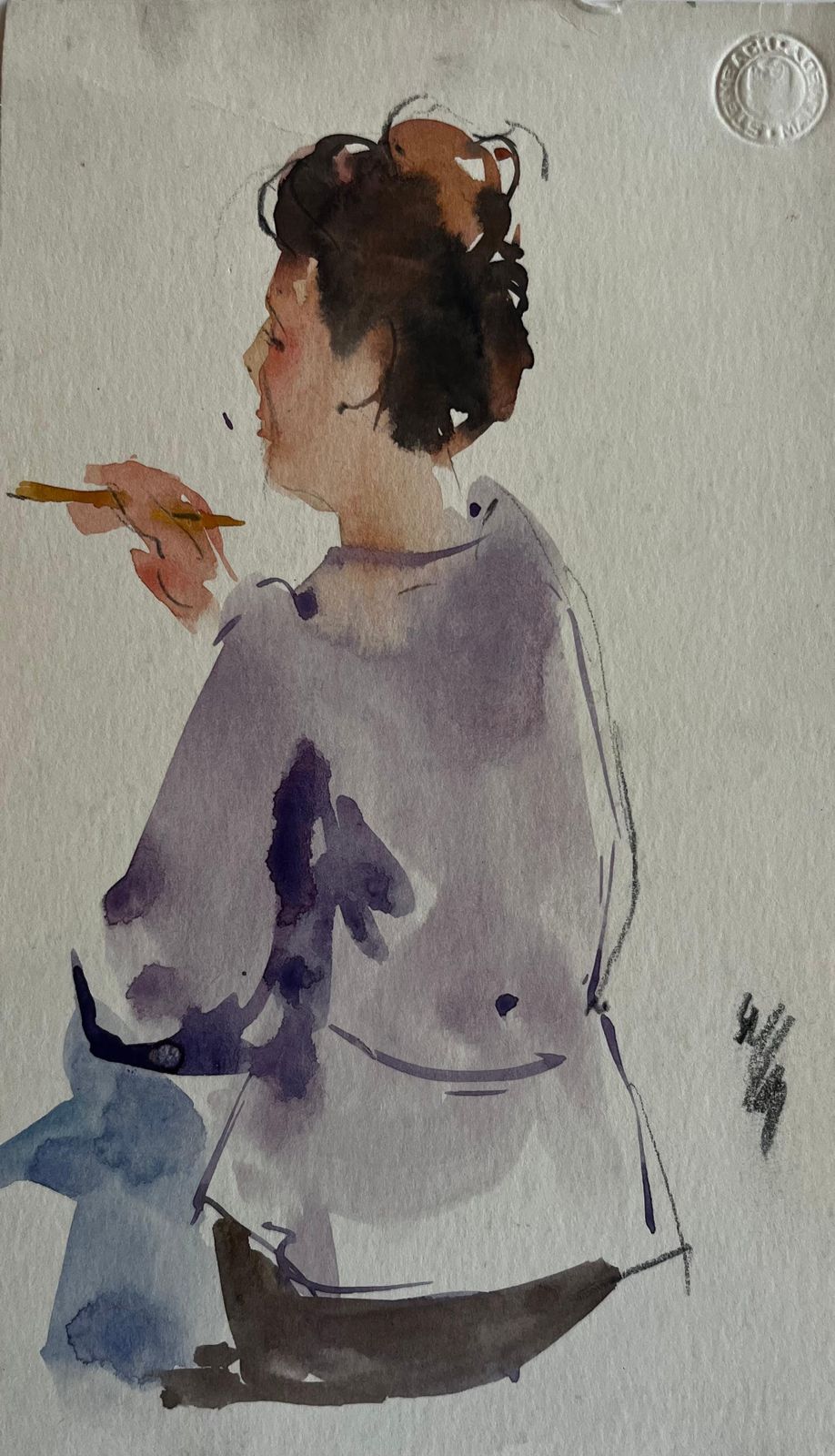 Pierre Neveuseated Woman Holding Paintbrush Female Artist Study French Figurative Watercolor
