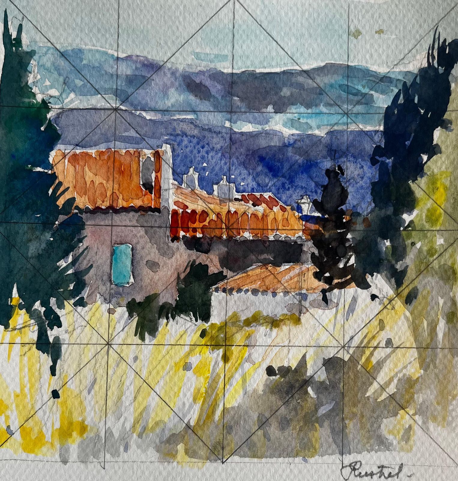 Pierre Neveurevestel Provence Rooftops With Cypress Trees And Mountain Views Watercolor