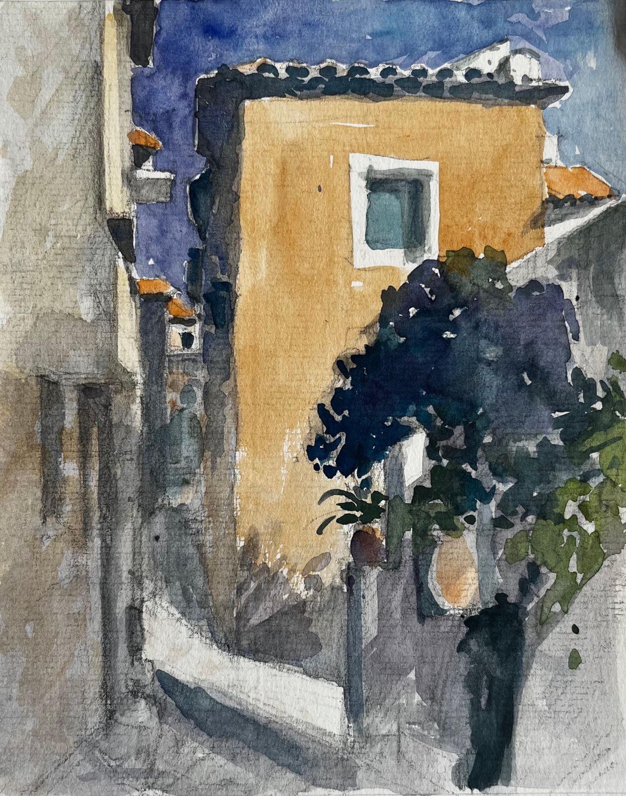 Pierre Neveusunlit Provence Street With Ochre House And Shaded Alley French Village Scene