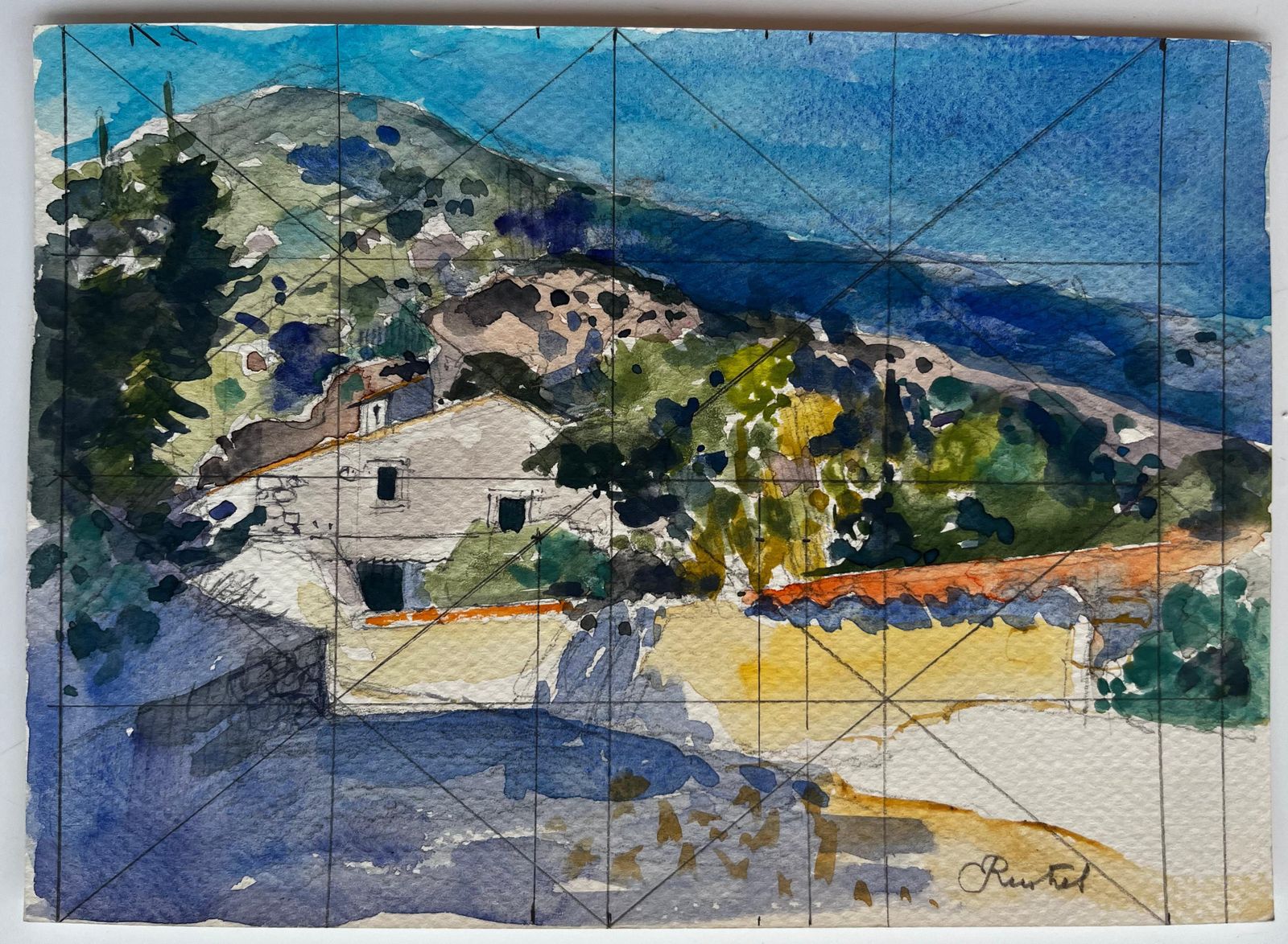 Pierre Neveurevestel Provence Mountain Landscape With Stone Houses French Watercolor photo furniture
