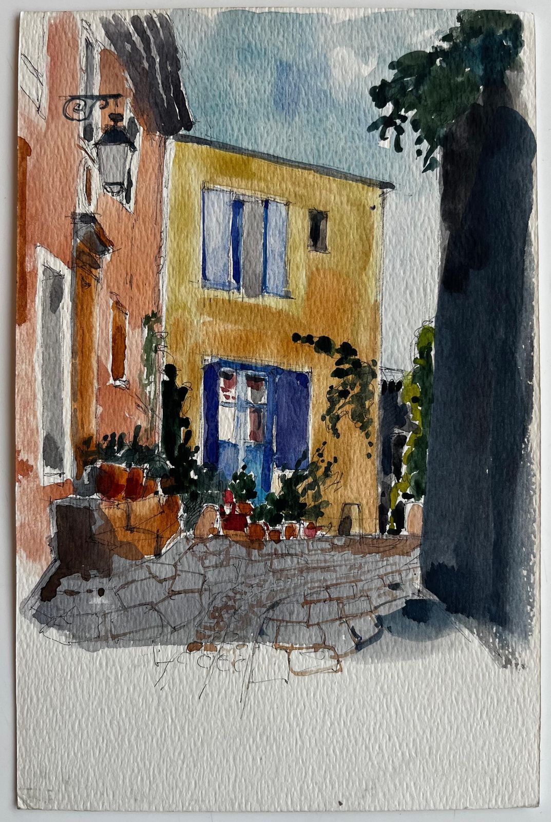 Pierre Neveufrench Village Street Colourful Houses Cobbled Path And Blue Shutters Watercolor photo furniture