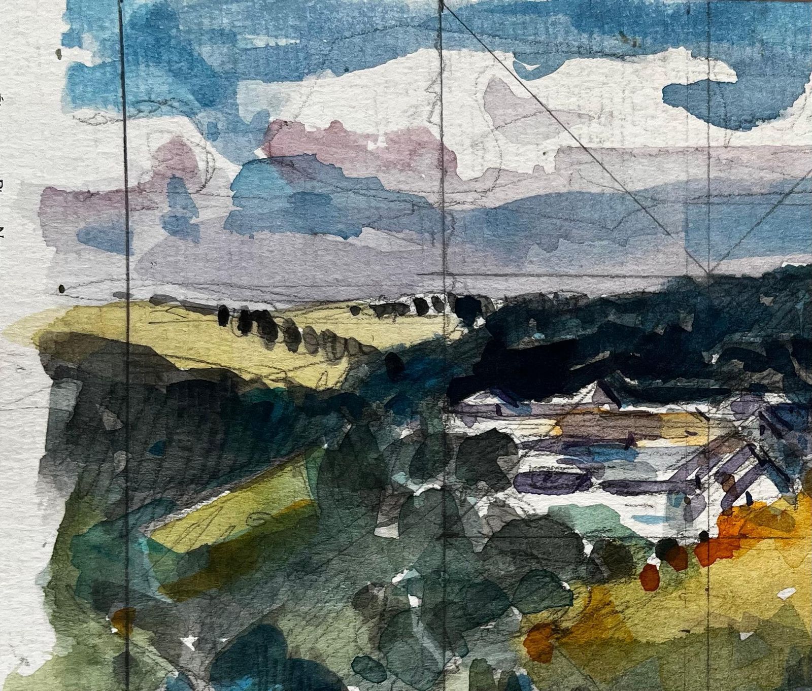 Pierre Neveuexpansive Hilltop Village View Countryside Fields Trees And Sky Watercolor photo 479.0