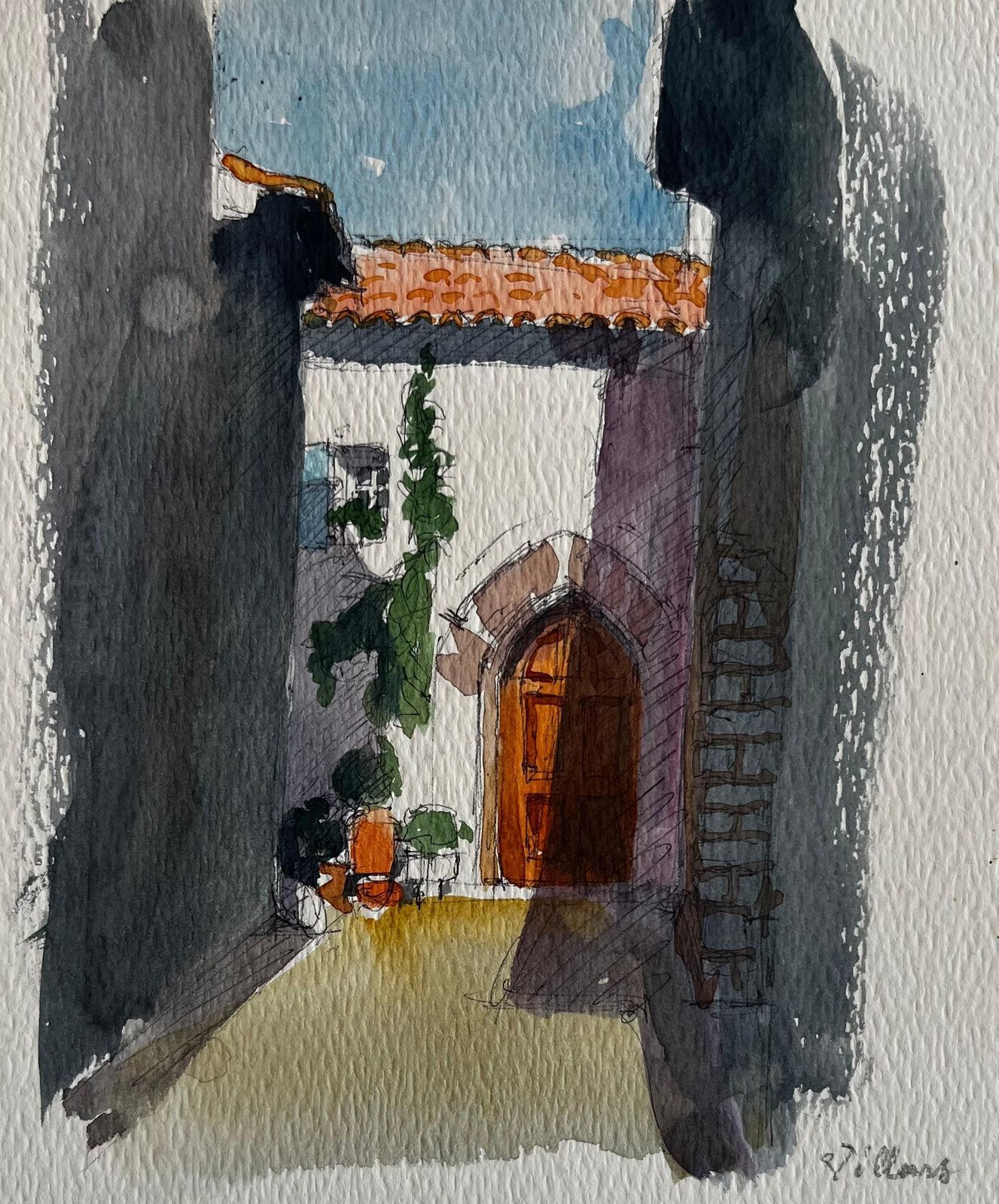 Pierre Neveufrench Village Archway Sunlit Courtyard Wooden Door And Stone Walls Watercolor