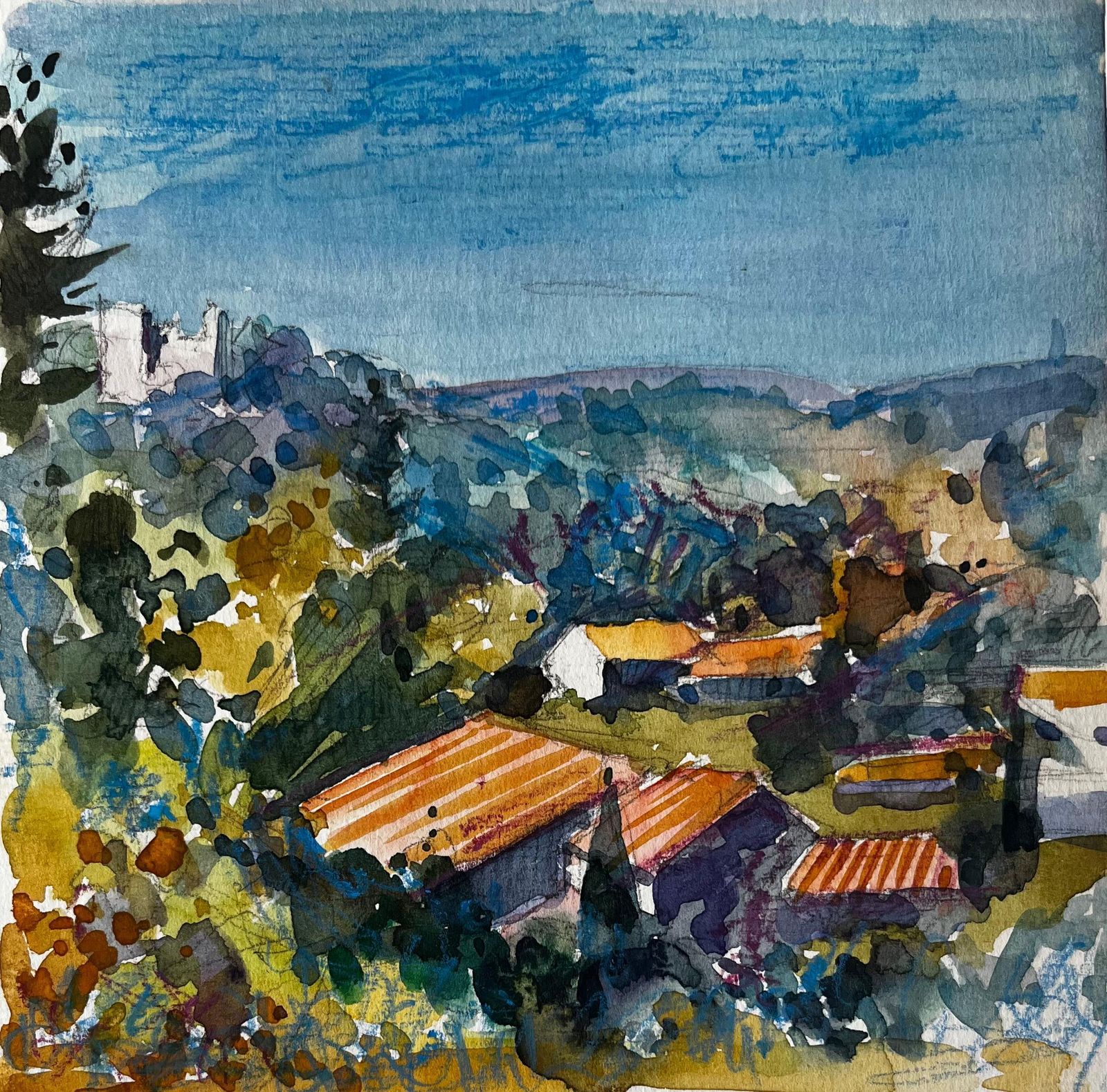 Pierre Neveuluberon Hillside View Lacostec French Landscape Rooftops Trees And Blue Sky