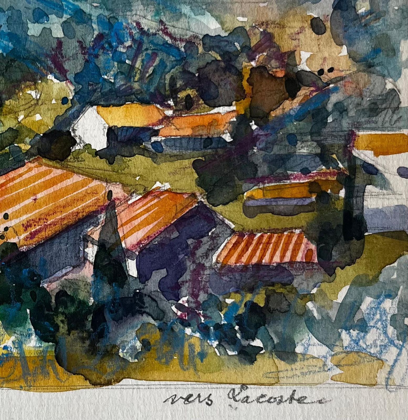 Pierre Neveuluberon Hillside View Lacostec French Landscape Rooftops Trees And Blue Sky photo for sale