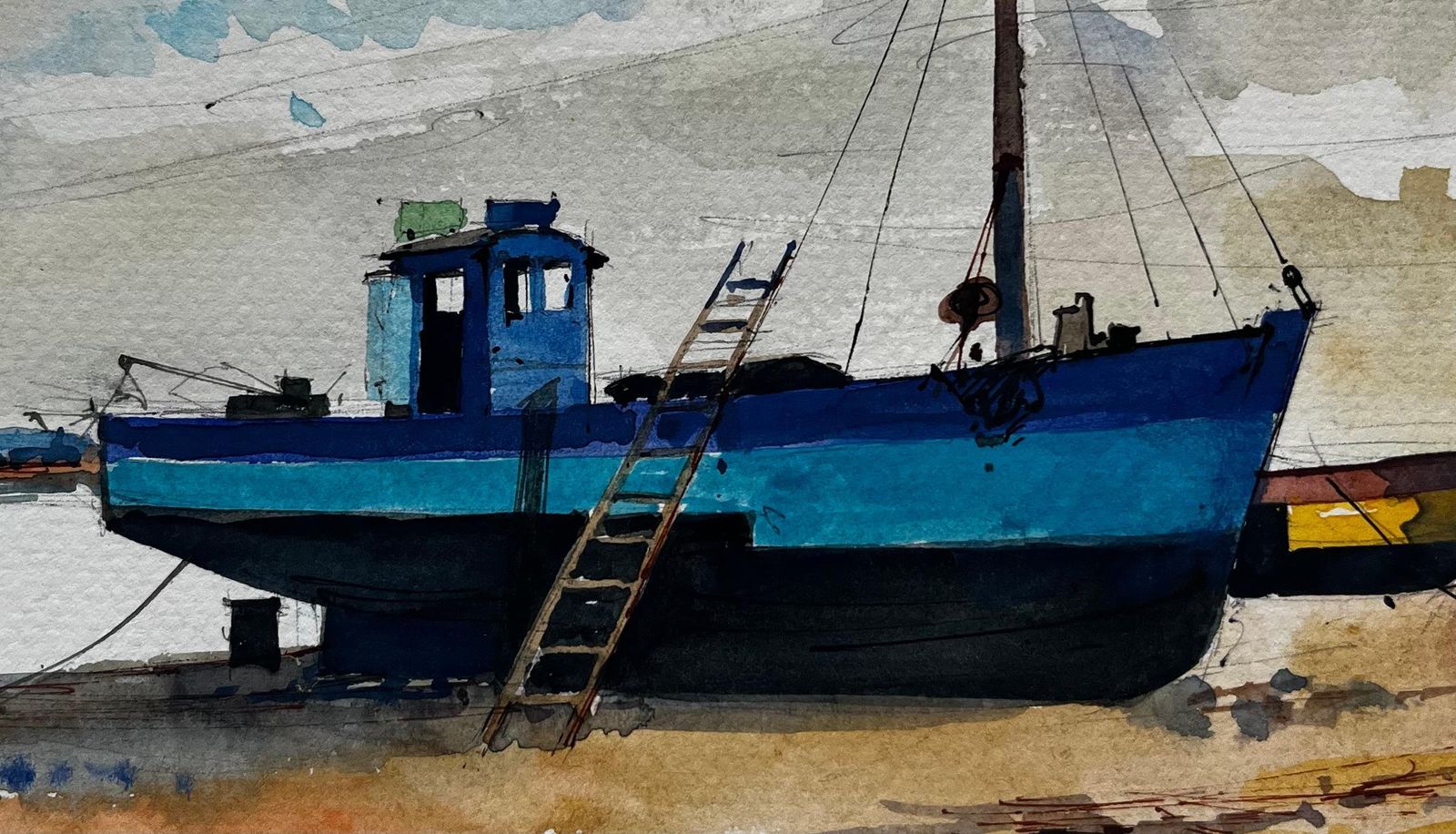 Pierre Neveublue Fishing Boat Low Tide Harbour Scene Coastal Watercolor photo buy