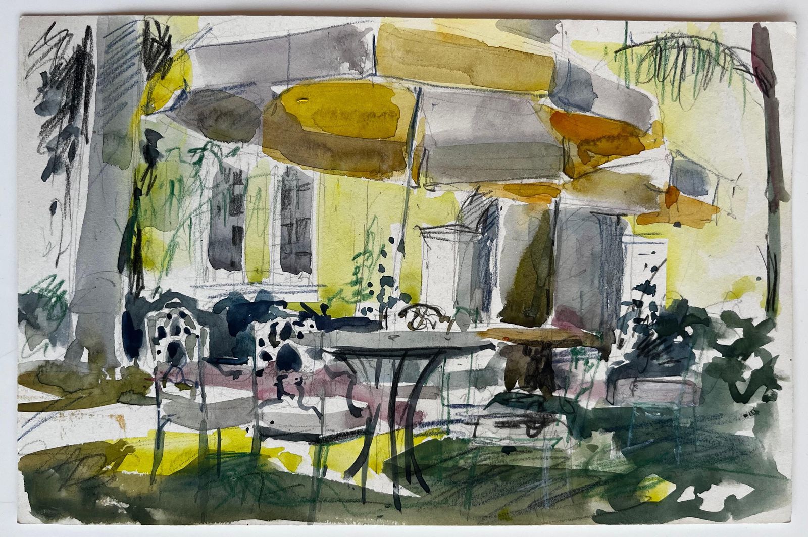 Pierre Neveufrench Garden Terrace Yellow House Sunlit Umbrellas Table And Chairs Watercolor photo furniture