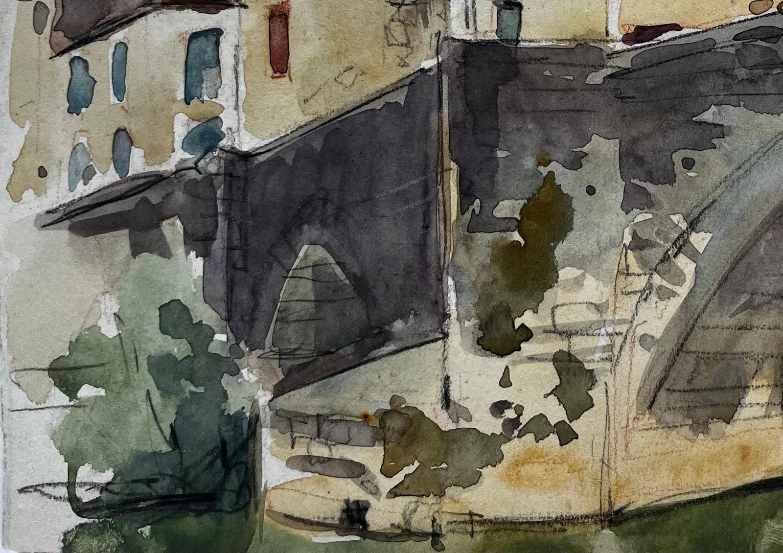 Pierre Neveufrench Stone Bridge Village Houses Riverside Scene Watercolor photo Art