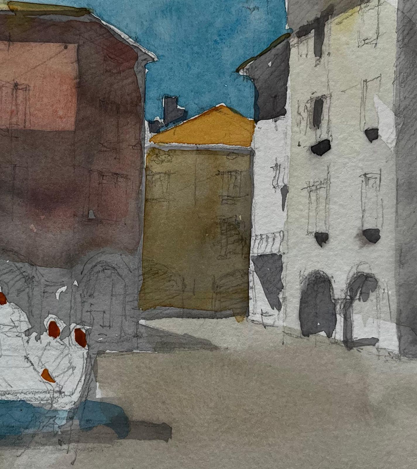 Pierre Neveufrench Town Square Sunlit Buildings Café Figures And Market Shade Watercolor photo buy