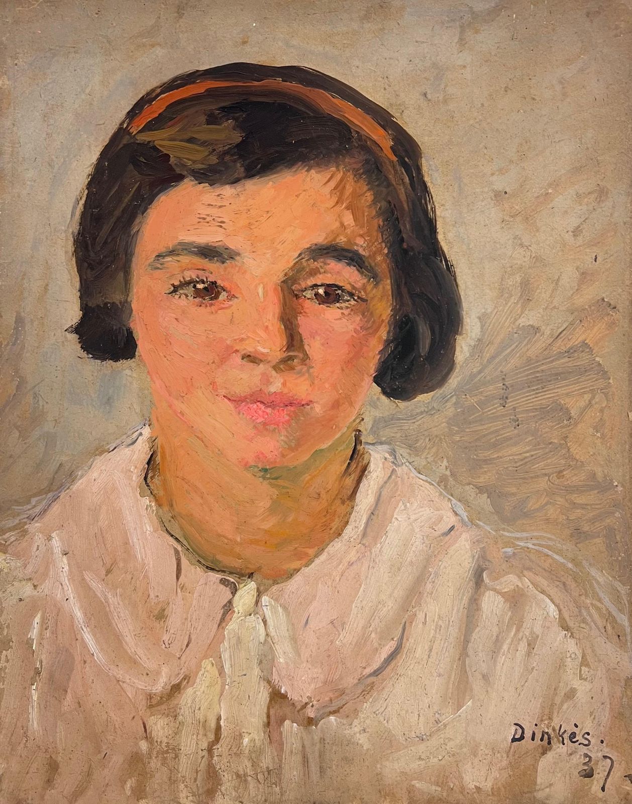 Suzanne Dinkes1930's French Signed Oil Painting Head & Shoulders Portrait Young Lady1930's