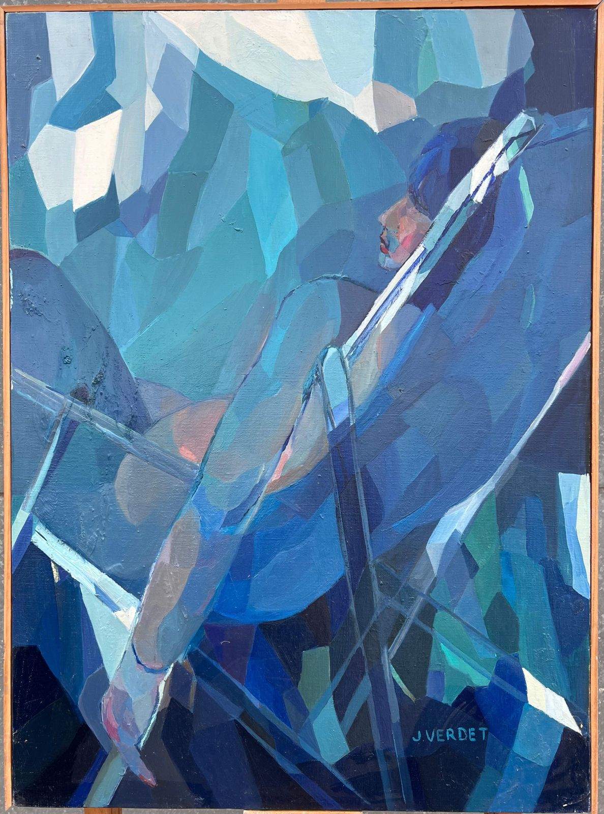 Jacqueline Verdet (1931 2023)huge French Contemporary Modernist Abstract Oil Painting Blue Girl In Deckchair photo furniture