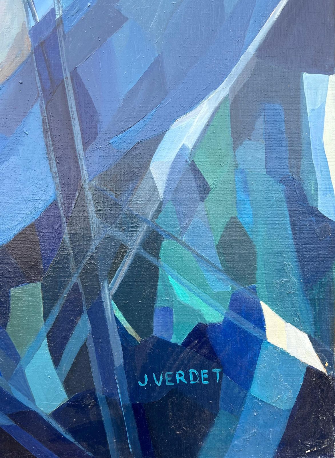 photo furniture Jacqueline Verdet (1931 2023)huge French Contemporary Modernist Abstract Oil Painting Blue Girl In Deckchair