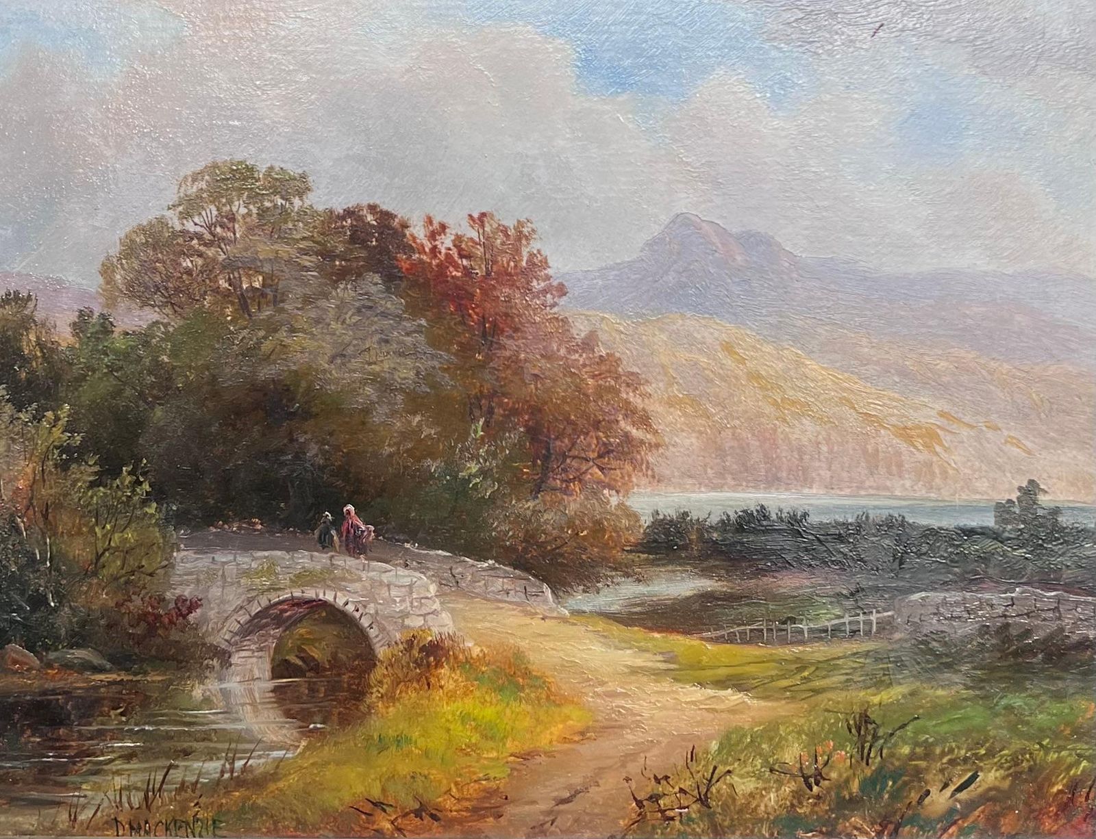 Emma Landseersigned 19th Century Scottish Oil Painting Figures Crossing Old Stone Bridge photo 1425.0