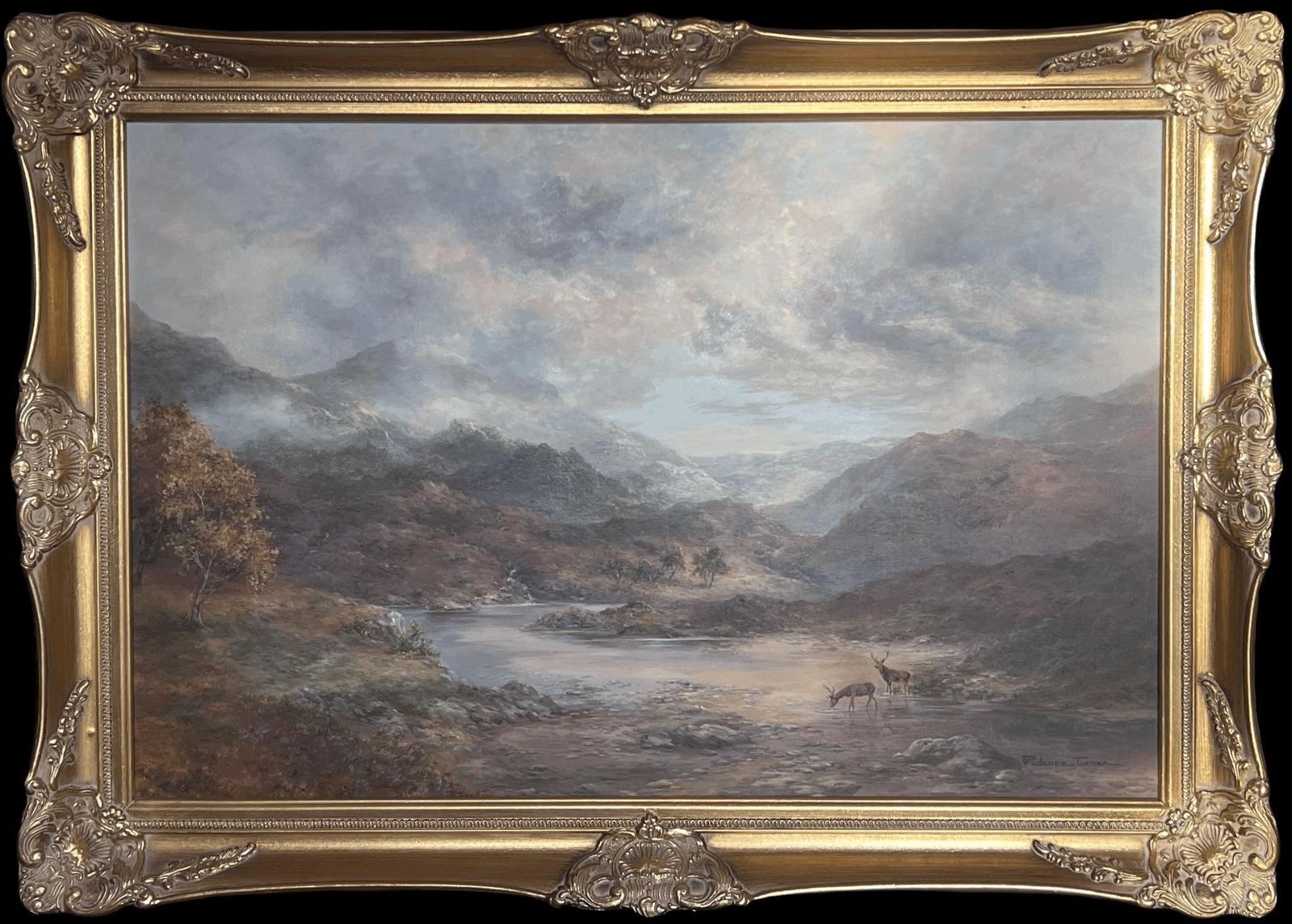 Prudence Turnerhuge Scottish Oil Painting Stags In Mountainous Autumn Landscape Signed Framedc. 1970's
