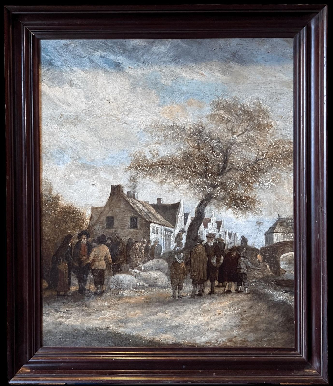 Dutch 1800'sfine Quality Early 1800's Dutch Oil Painting Farmers Market Gathering Figures