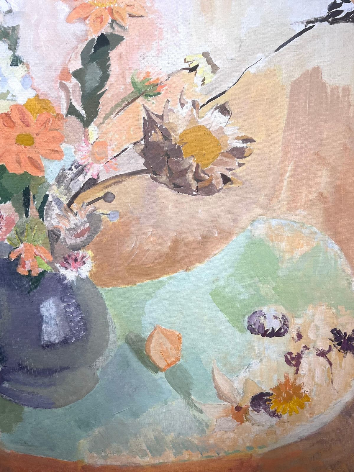 photo furniture Laure Noetzin Azam (French 1929 2024)large 20th Century French Modernist Oil Painting Vase Of Flowers In Interior
