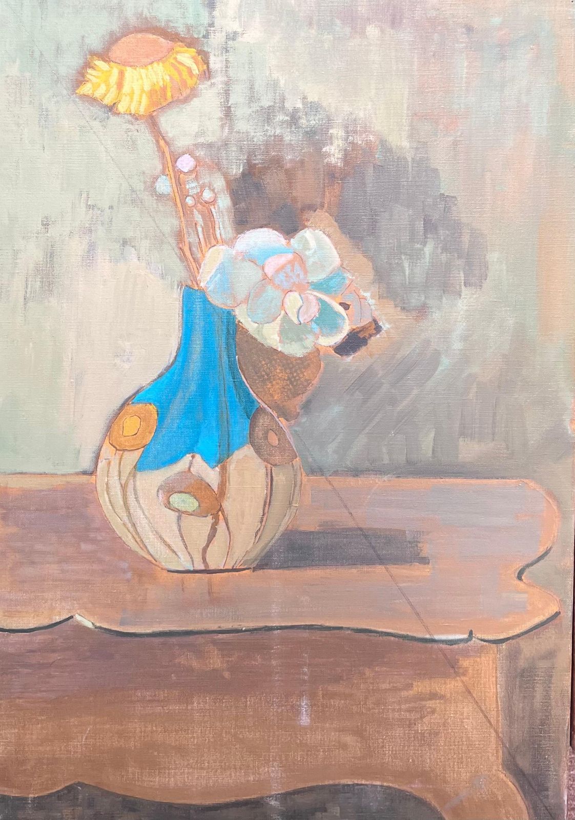 Laure Noetzin Azam (French 1929 2024)fine 20th Century French Modernist Oil Painting Yellow Flower In Blue Vase