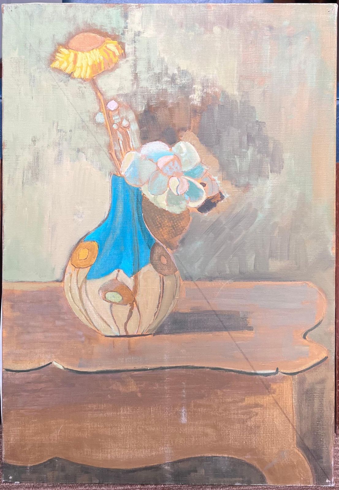 Laure Noetzin Azam (French 1929 2024)fine 20th Century French Modernist Oil Painting Yellow Flower In Blue Vase photo furniture