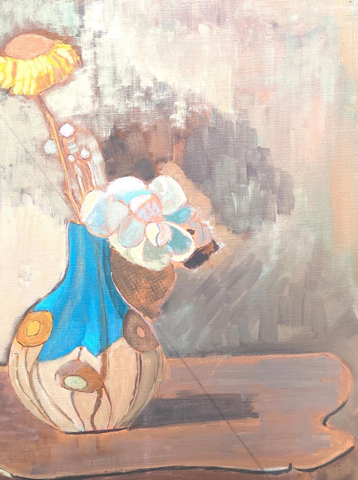 Laure Noetzin Azam (French 1929 2024)fine 20th Century French Modernist Oil Painting Yellow Flower In Blue Vase photo Art