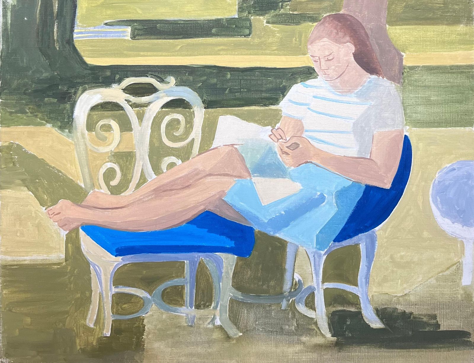 Laure Noetzin Azam (French 1929 2024)fine 20th Century French Modernist Oil Painting Young Woman Reading In Garden