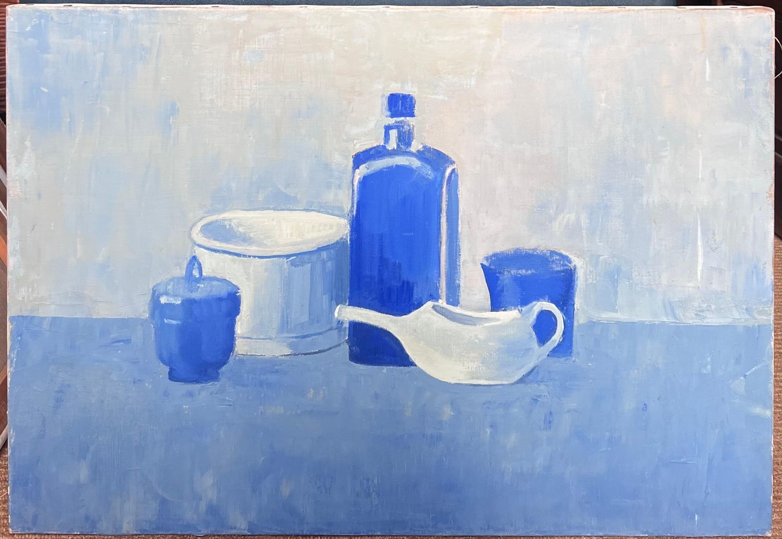 Laure Noetzin Azam (French 1929 2024)still Life In Blue 20th Century French Modernist Oil Painting photo furniture
