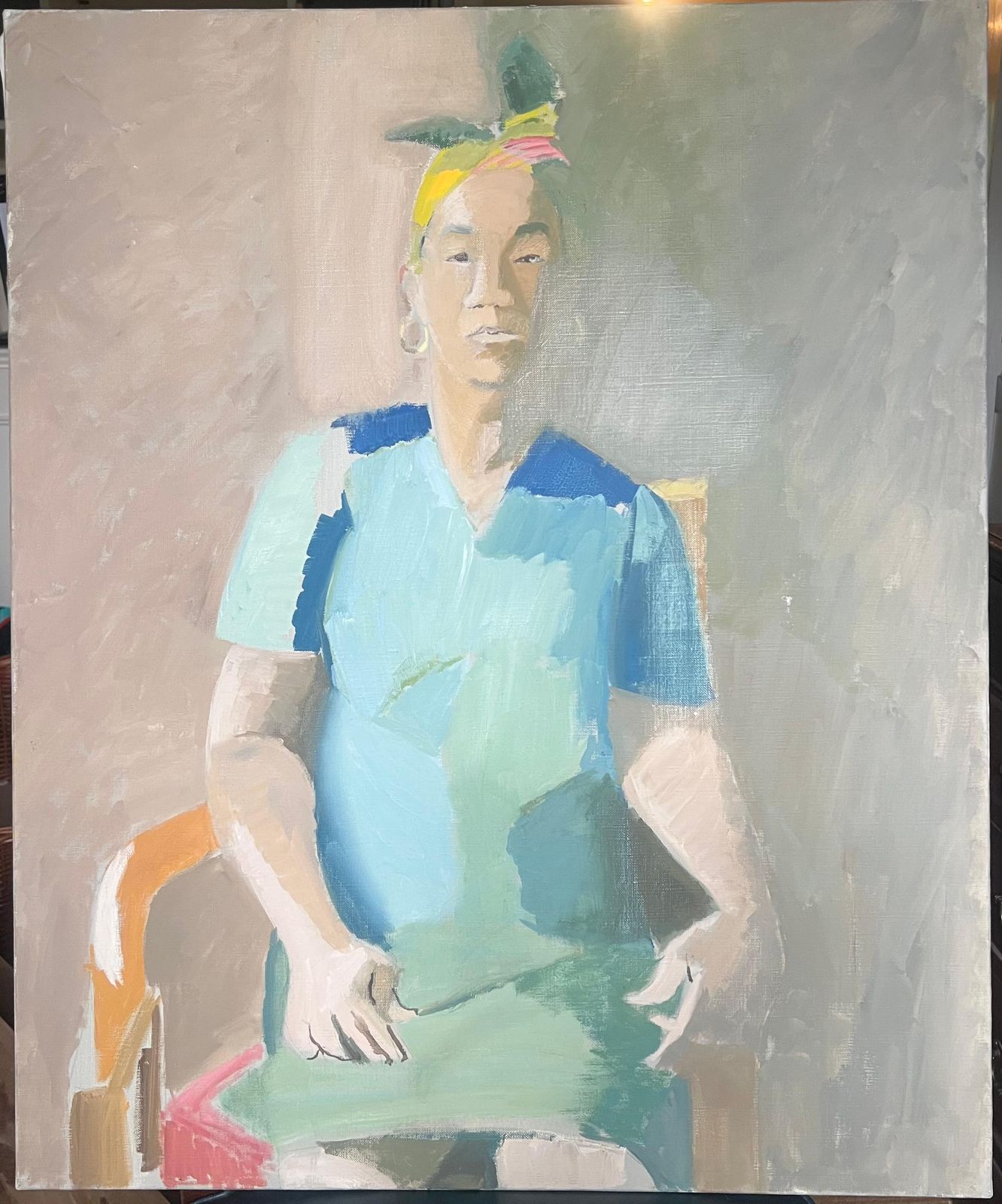 Laure Noetzin Azam (French 1929 2024)fine 20th Century French Modernist Oil Painting Portrait Woman Turquoise Dress photo furniture
