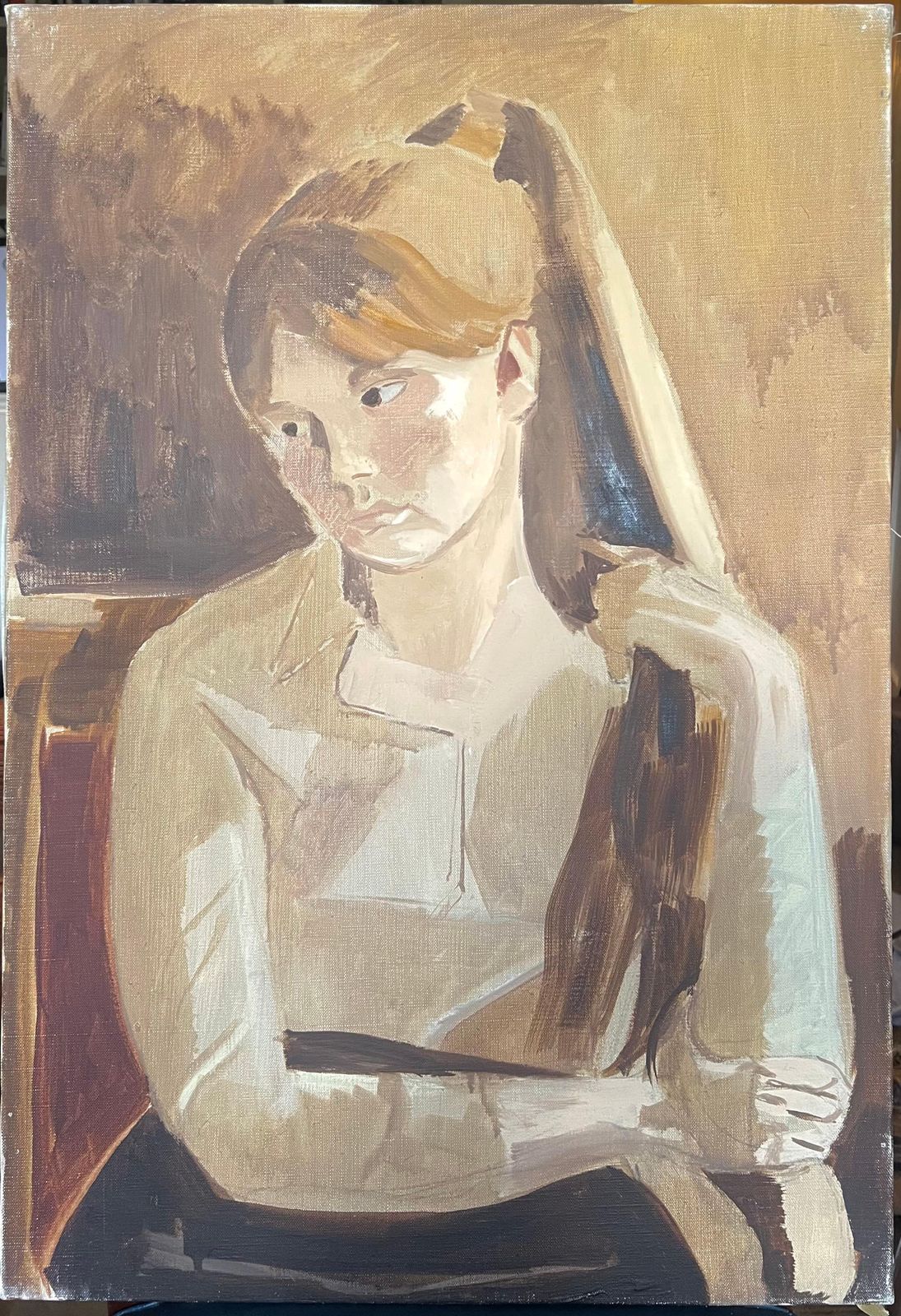 Laure Noetzin Azam (French 1929 2024)portrait Of A Young Woman In Beige 20th Century French Modernist Oil Painting photo furniture
