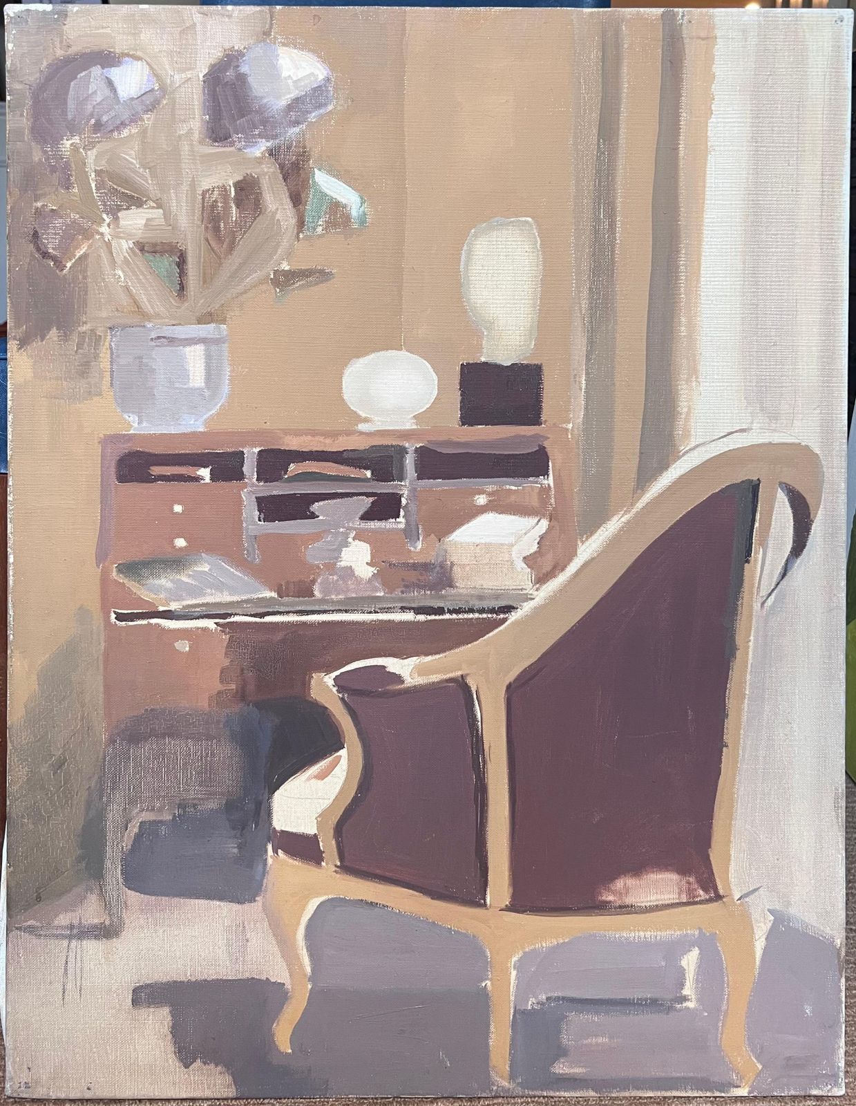Laure Noetzin Azam (French 1929 2024)20th Century French Modernist Oil Painting Interior Salon Bureau Desk & Chair photo furniture