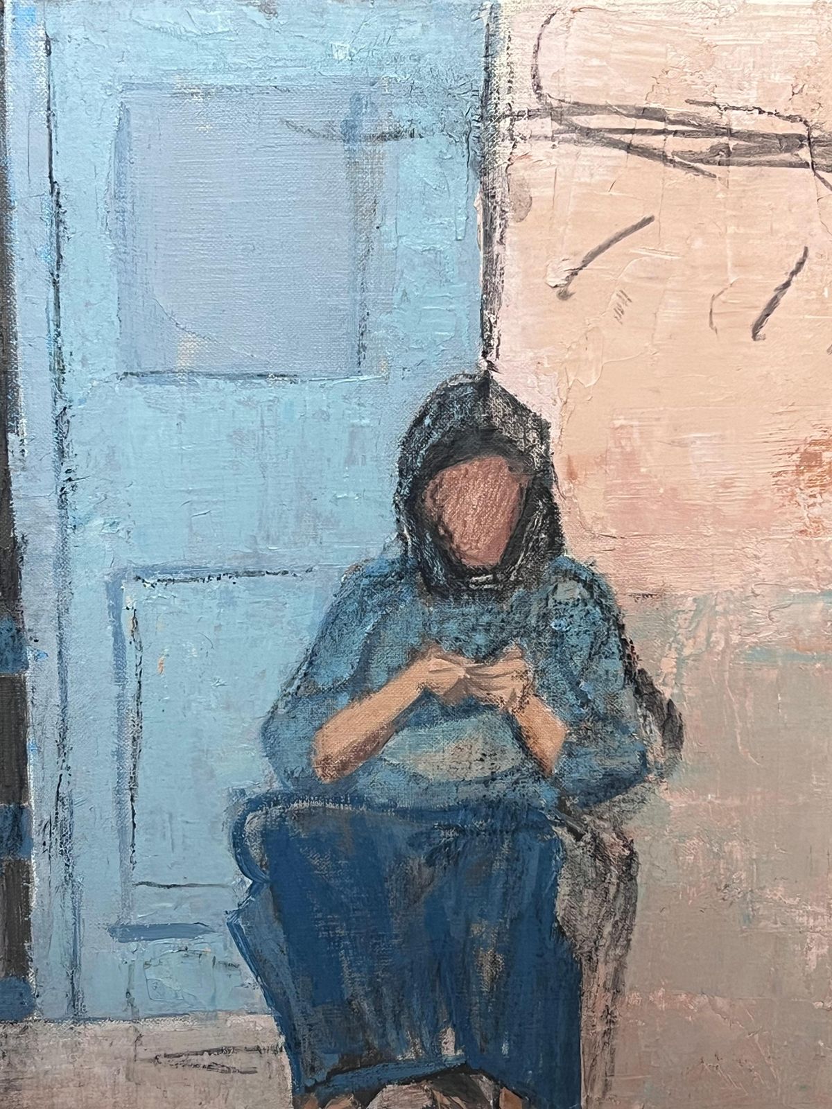 Laure Noetzin Azam (French 1929 2024)20th Century French Modernist Oil Painting Lady Seating On Old Street photo for sale