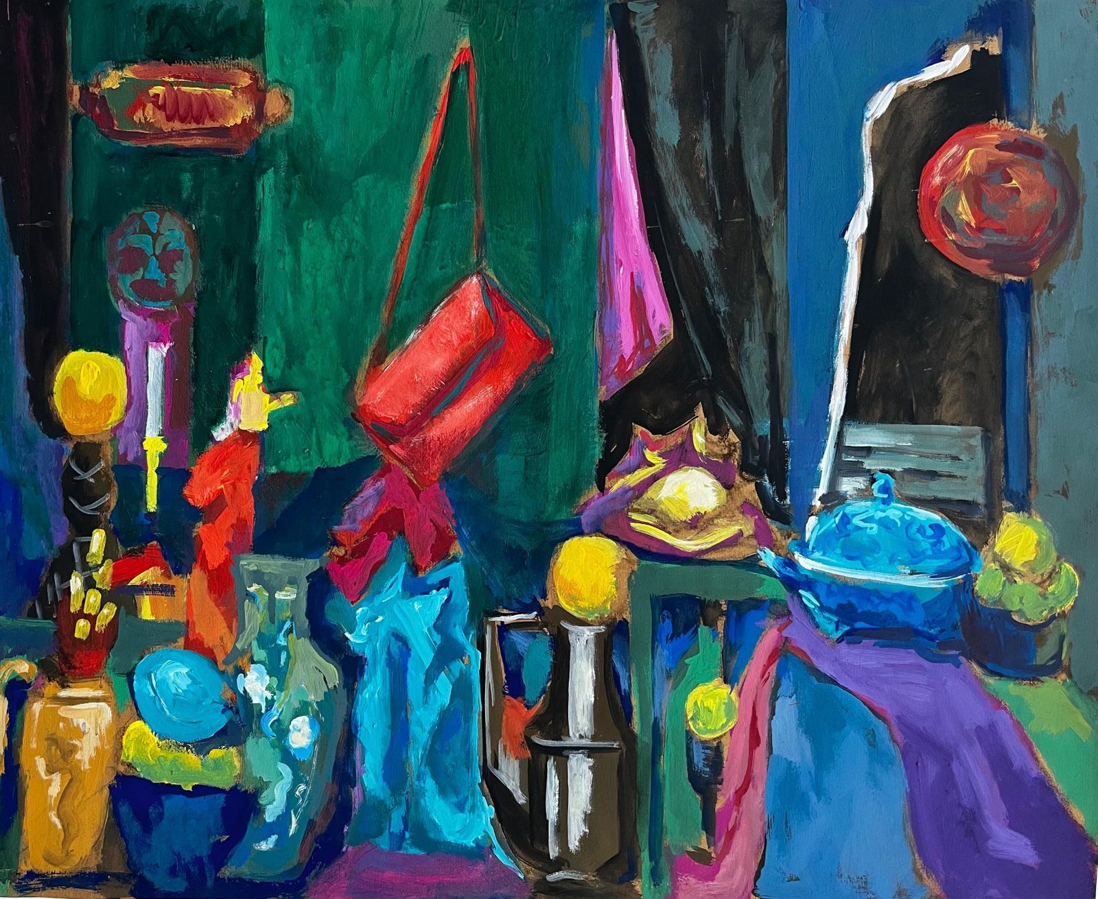Guy Nicod Colourful Interior Still Life With Vases Bowls And Hanging Bag Modernist Gouache
