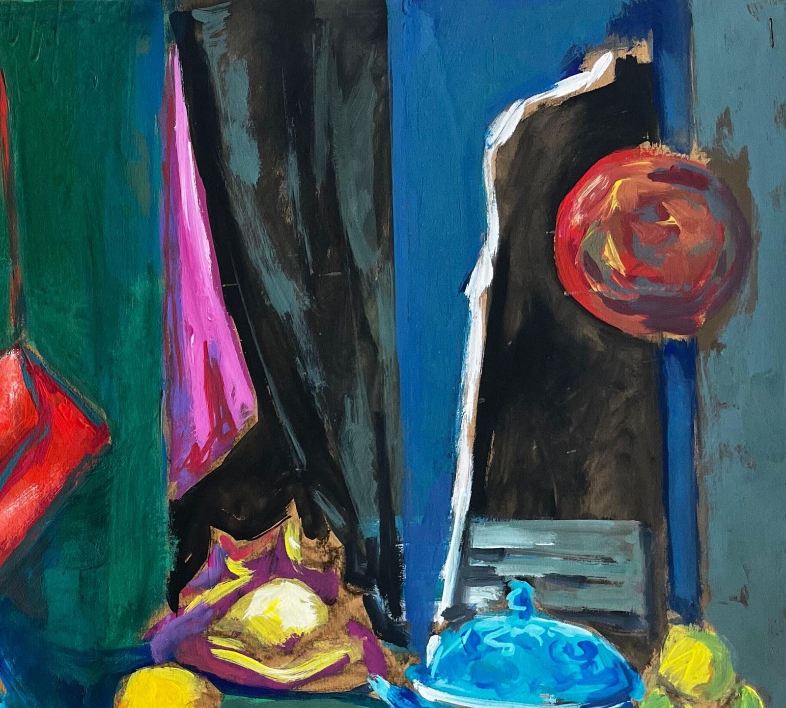 Guy Nicod Colourful Interior Still Life With Vases Bowls And Hanging Bag Modernist Gouache photo Art