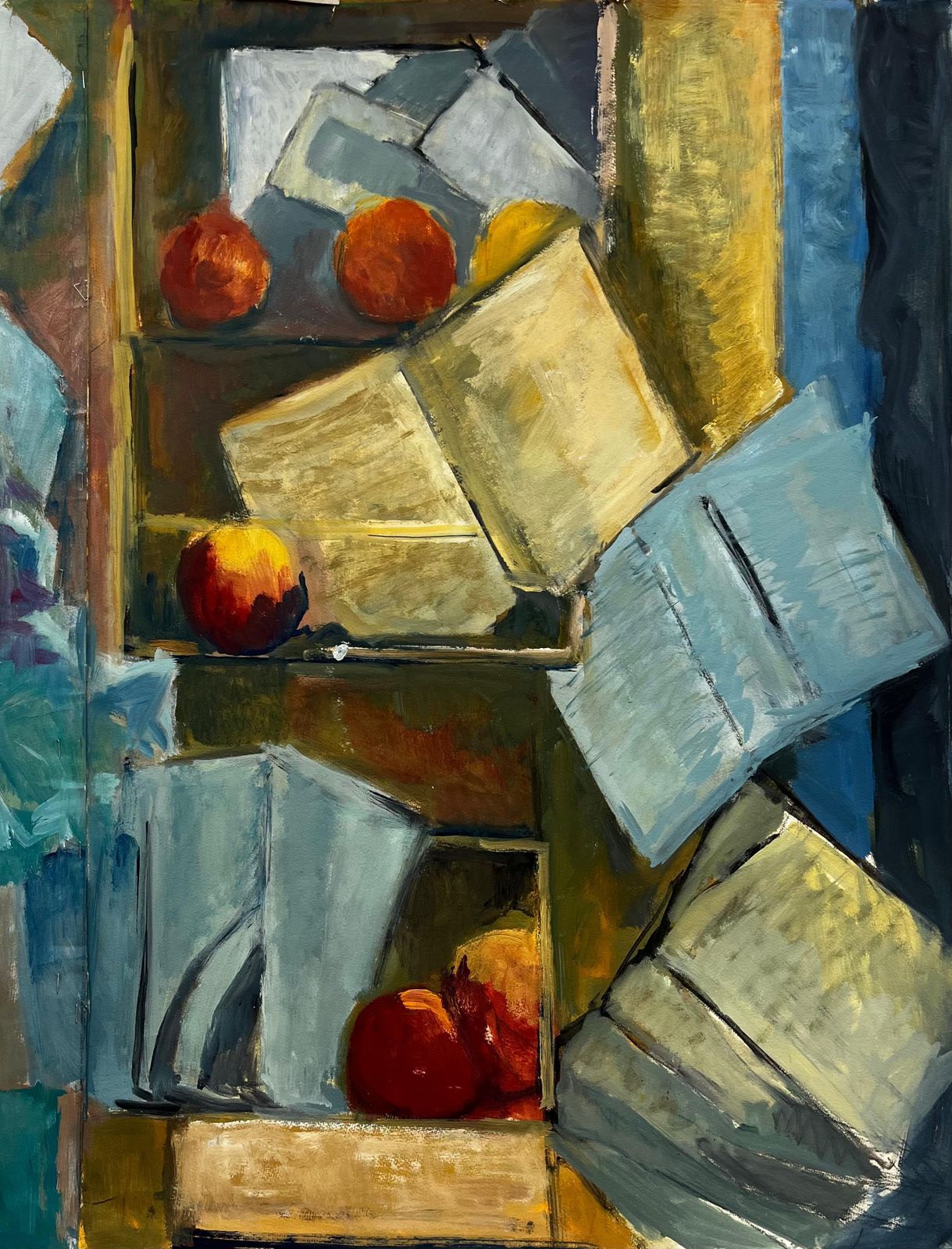 Guy Nicod Abstract Still Life With Books Papers And Apples French Modernist Gouache