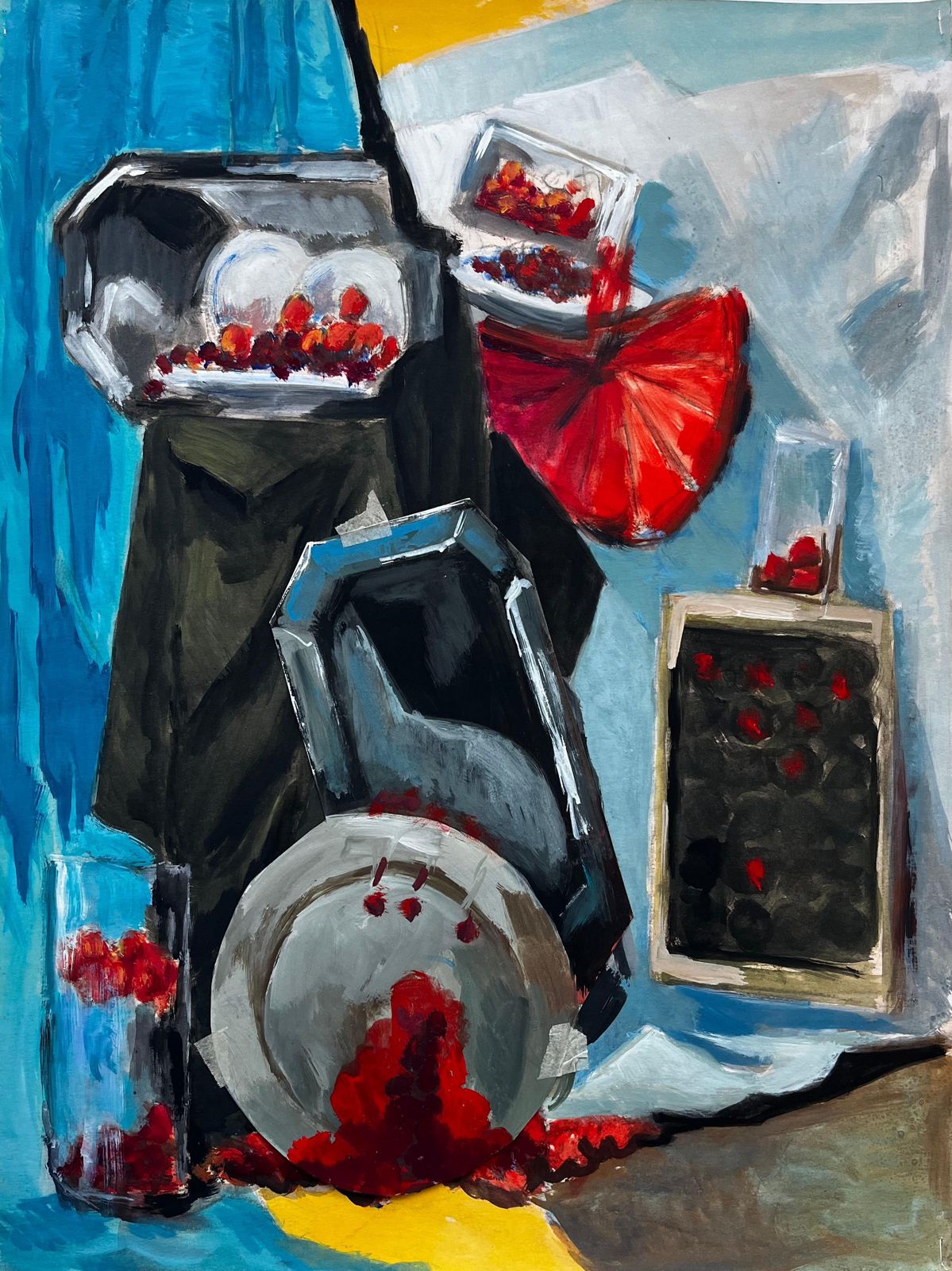 Guy Nicod Abstract Still Life With Cherries Silver Trays And Berry Containers Gouache