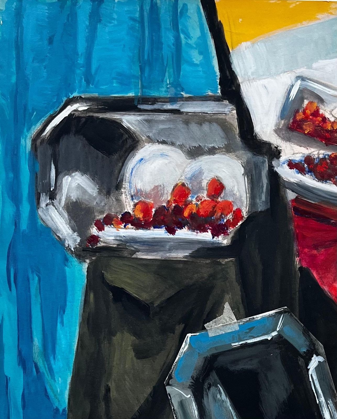 Guy Nicod Abstract Still Life With Cherries Silver Trays And Berry Containers Gouache photo for sale