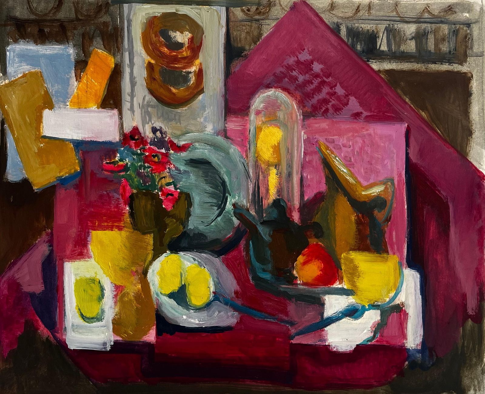 Guy Nicod Abstract Still Life With Flowers Lemons Jug Cup And Cloche Modernist Gouache