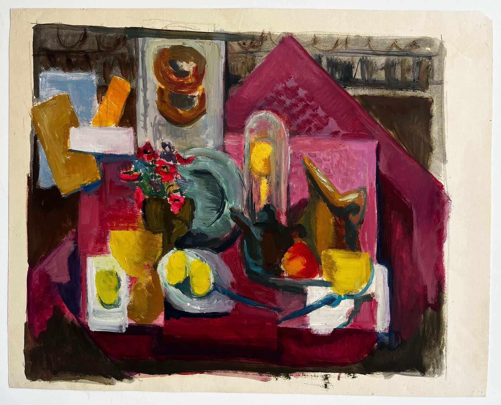 Guy Nicod Abstract Still Life With Flowers Lemons Jug Cup And Cloche Modernist Gouache photo furniture
