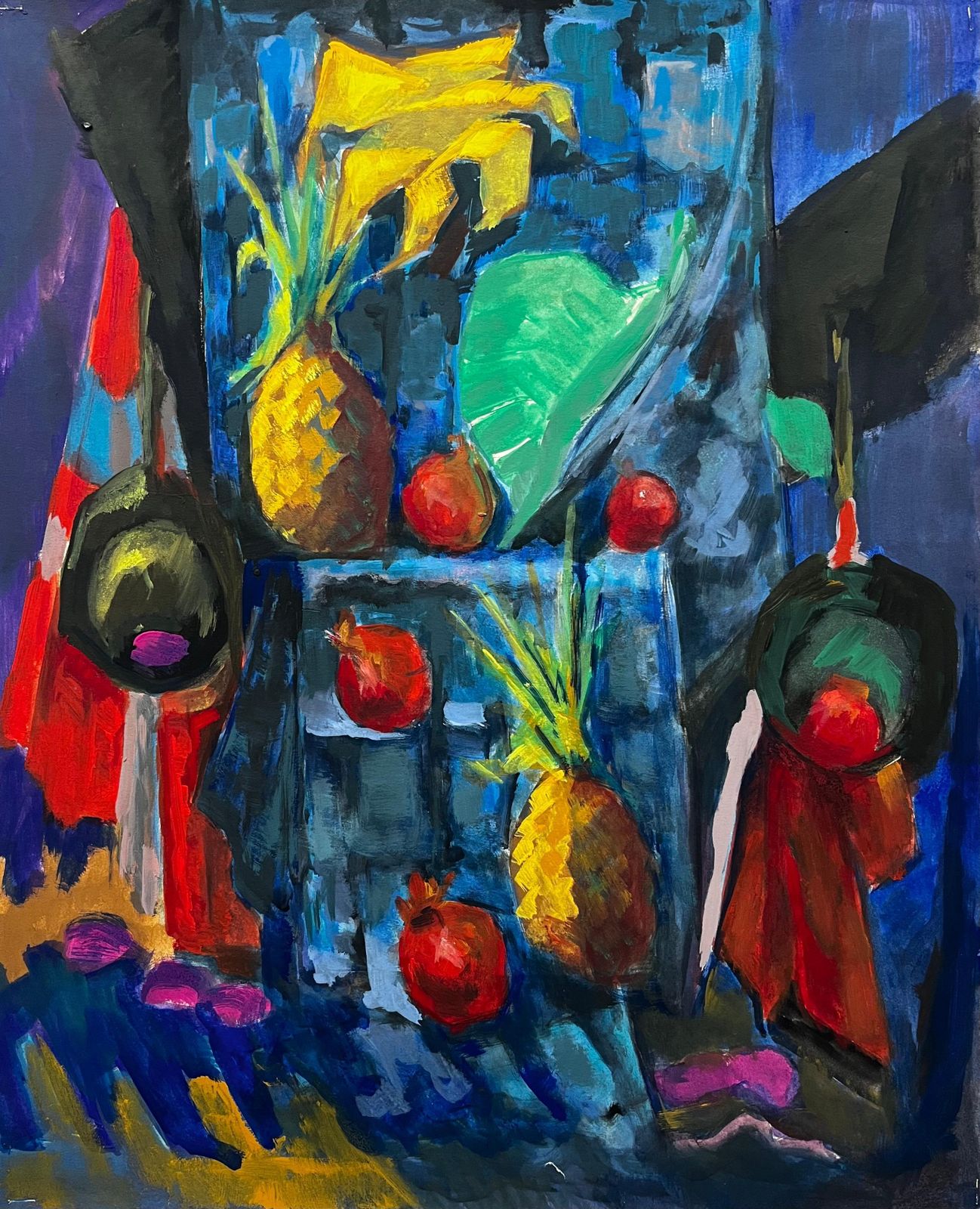 Guy Nicod Abstract Still Life With Pineapples Pomegranates And Drapery Modernist Gouache