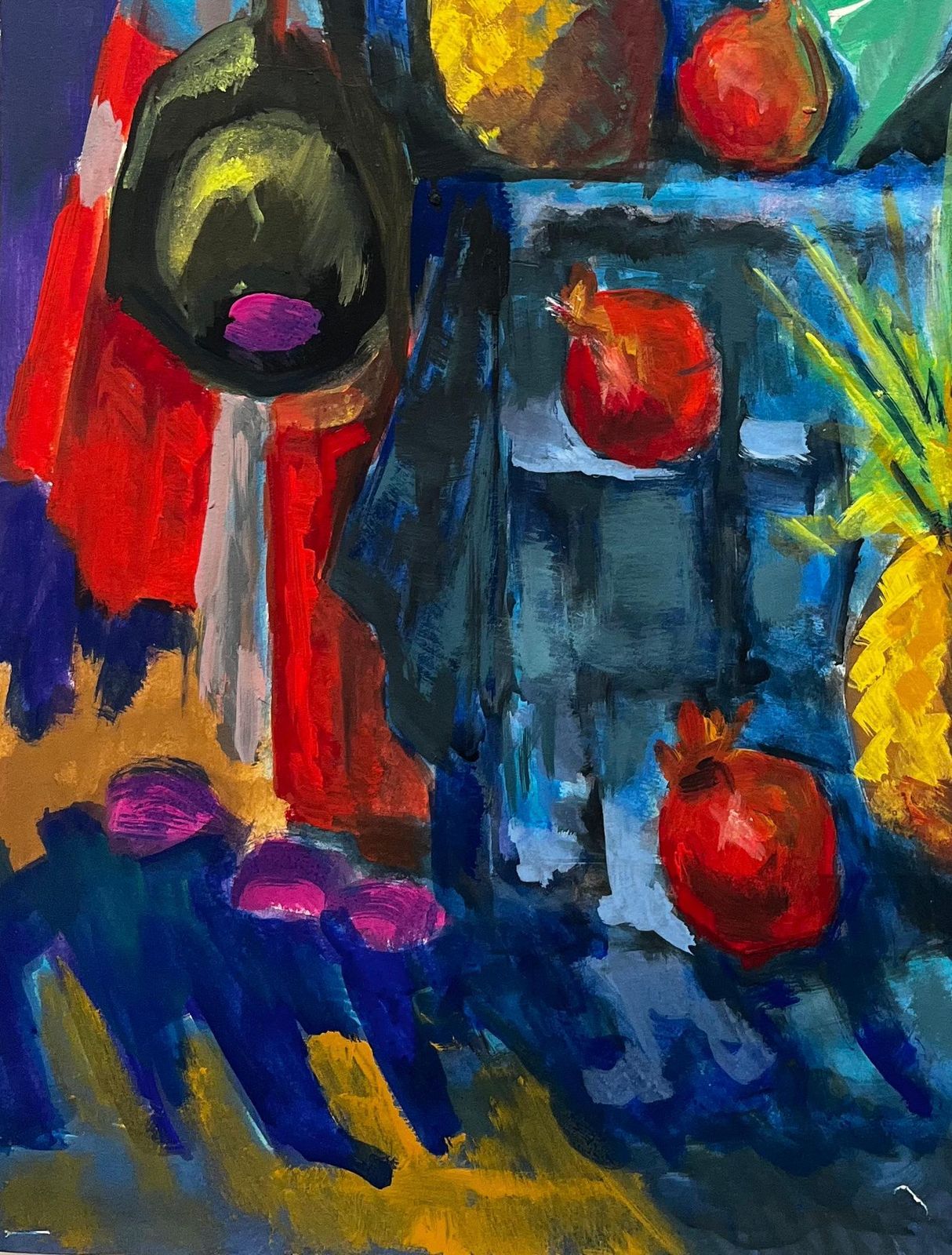 Guy Nicod Abstract Still Life With Pineapples Pomegranates And Drapery Modernist Gouache photo vinterior