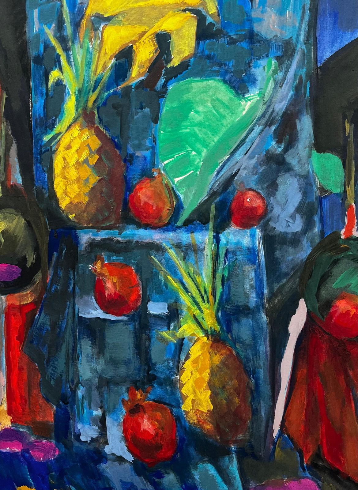 Guy Nicod Abstract Still Life With Pineapples Pomegranates And Drapery Modernist Gouache photo buy