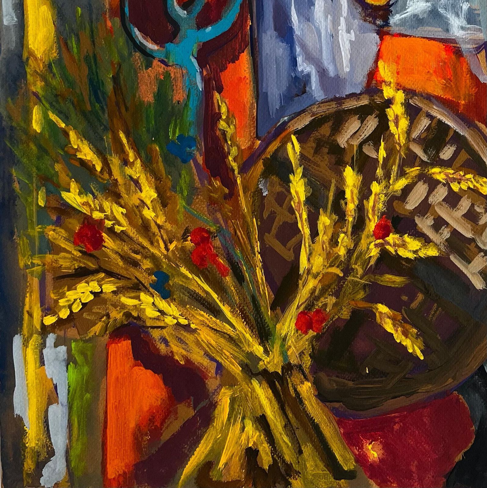 Guy Nicod Abstract Harvest Still Life With Wheat Basket And Decorative Textiles Gouache photo 663.0