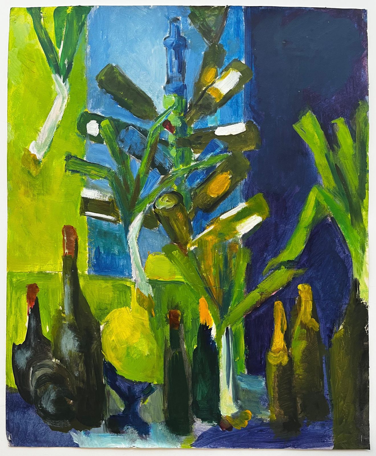 Guy Nicod Still Life With Green Bottles Leeks And Blue Interior Modernist Gouache photo furniture