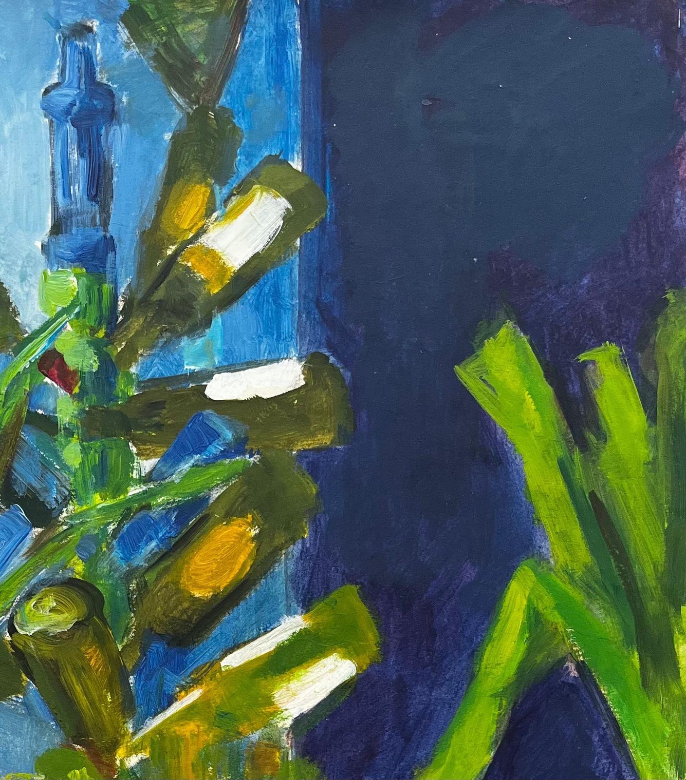 Guy Nicod Still Life With Green Bottles Leeks And Blue Interior Modernist Gouache photo Art
