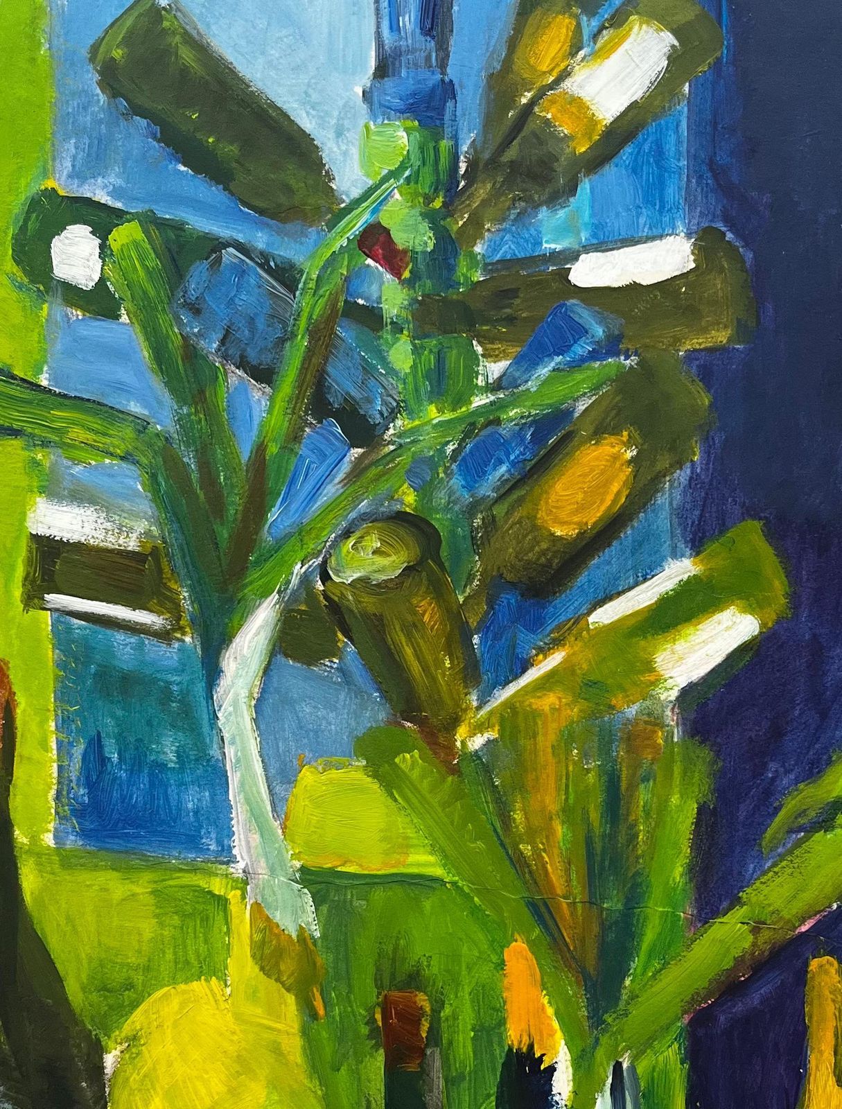 Guy Nicod Still Life With Green Bottles Leeks And Blue Interior Modernist Gouache photo buy