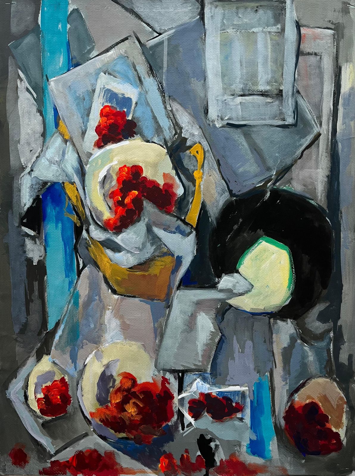 Guy Nicod Abstract Still Life With Bowls Plates Red Grapes And Jug Modernist Gouache