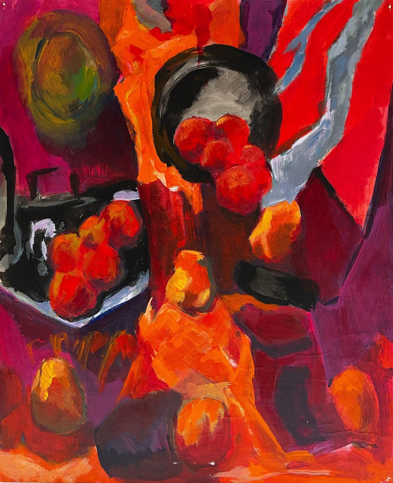 Guy Nicod Abstract Still Life With Pears Apples And Oranges Modernist Gouache