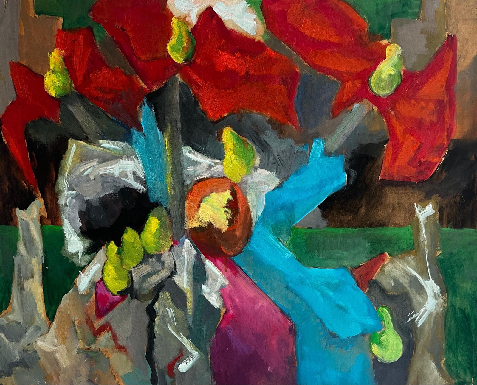 Guy Nicod Abstract Red Flowers With Fruit And Draped Fabrics Modernist Gouache